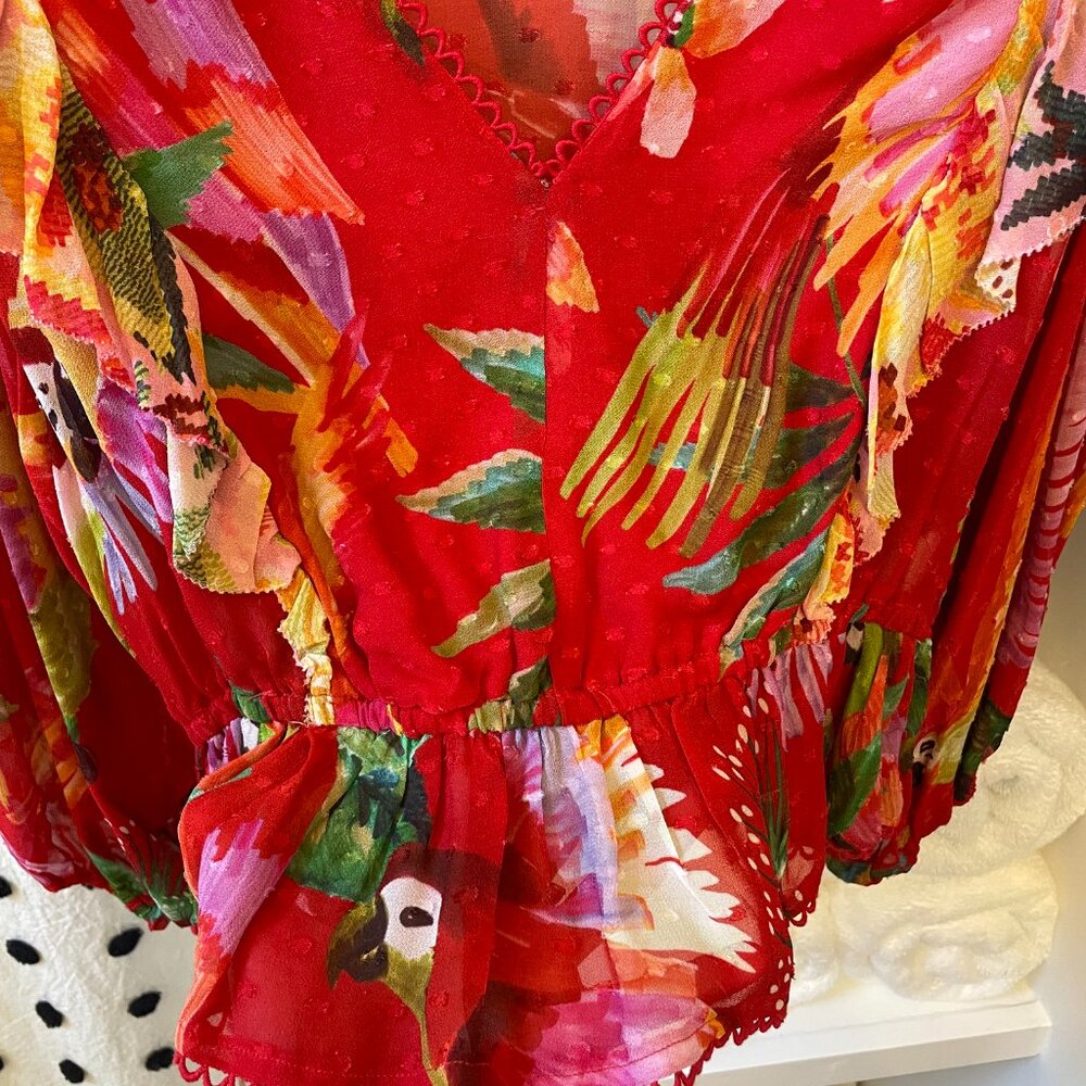 FARM Rio Red Tropical Ruffled V-Neck Blouse - Picture 10 of 11